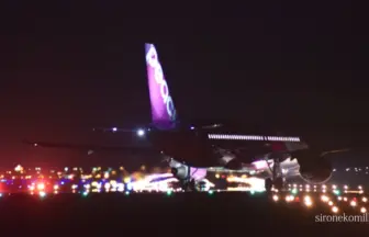 仙台空港の滑走路夜景とピーチ・アビエーション エアバスA320